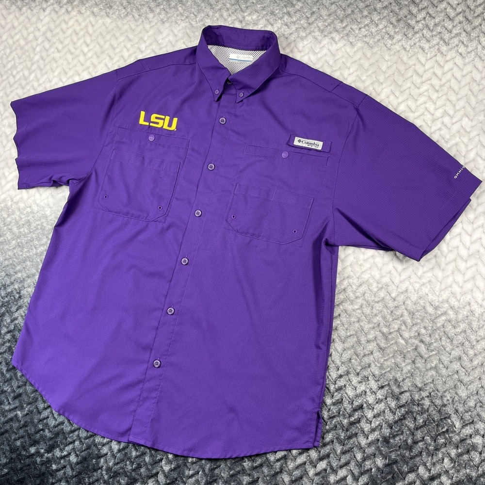 LSU Tigers Columbia PFG Shirt Mens M Purple Button Up Vented Fishing
